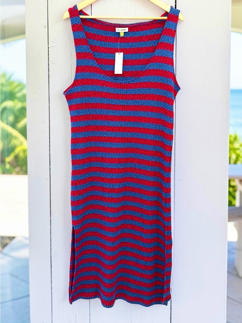 Anthropologie Celandine NWT Red and Blue Stripe Sleeveless Knit Midi Dress Large
